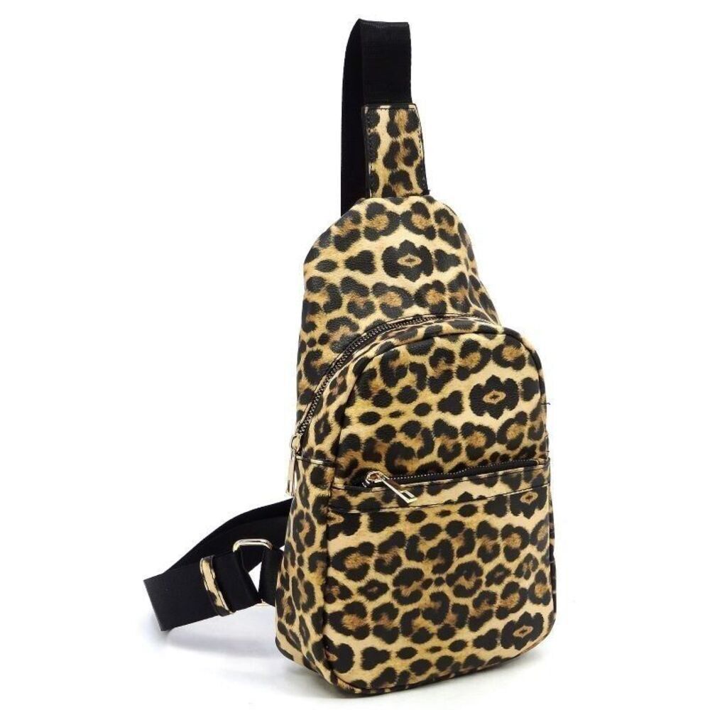 Women's Leopard Print Stylish Sling Backpack With Black Guitar Strap